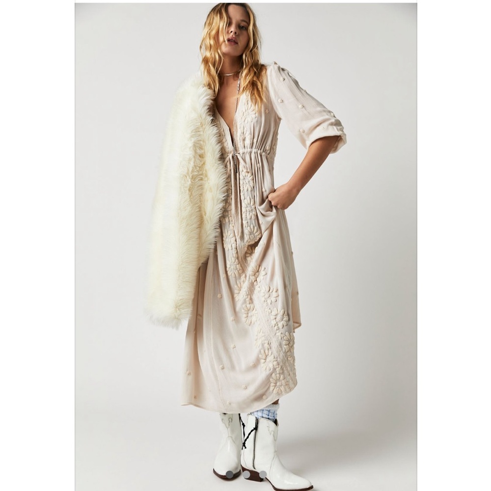 Free People Cream Midi Dress with Embroidered Detail